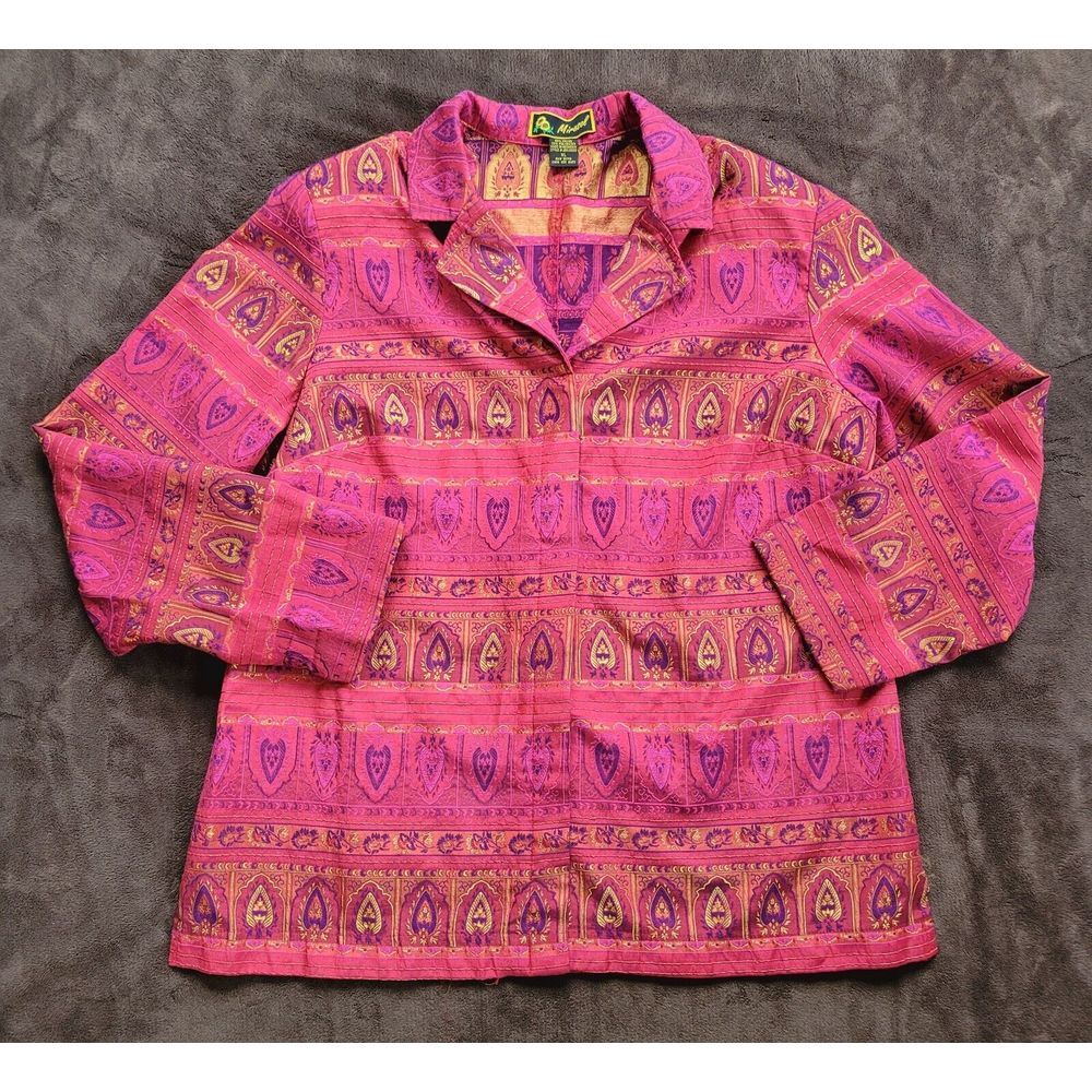 Vintage Mirasol Blazer Overcoat Ornate Pink Red Gold Button Up Indonesia XL